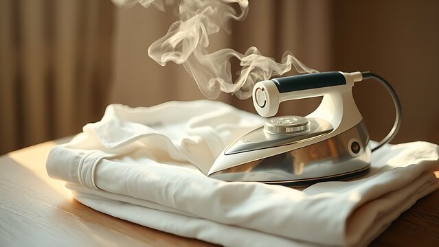 bergere. A vintage iron on a folded white shirt with rising steam in warm nostalgic light. lifestyle magazines, social media lookbooks, designed for influencer and brand collaborations.
