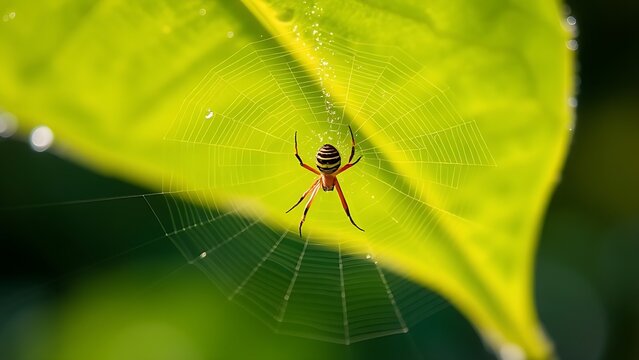 unobserved. A spider weaving a delicate web on a large green leaf with morning dew. wildlife magazines, conservation campaigns, designed for wildlife conservation campaigns, used by product managers.