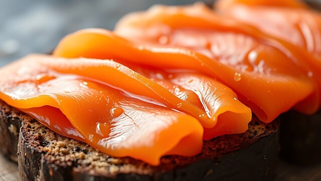 tonalite. Close-up of oily smoked salmon slices on dark rye bread. menu design, packaging mockups, designed for culinary blogs and recipe cards for restaurants, used by interior designers.