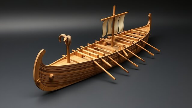 trireme. Detailed wooden model of an ancient trireme warship with rows of oars. mobility guides, transit brochures, designed for transport & logistics marketing, clarifies navigation.