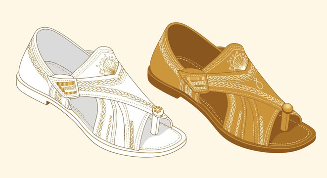 Pair of summer leather sandals in outline and colored versions.
