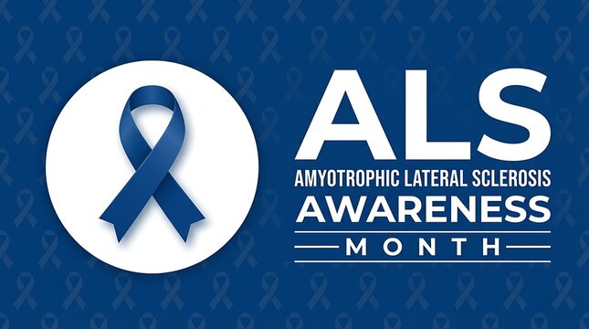 Als amyotrophic lateral sclerosis awareness month blue ribbon symbol on a dark blue background with faint ribbon patterns and white text informational graphic.
