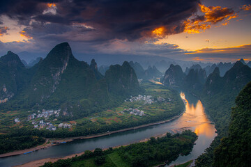 Fototapeta premium Xianggong hill landscape of Guilin, Li River and Karst mountains. Xingping, Yangshuo County, Guangxi Province, China.