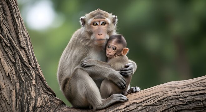 Tender Moment A protective mother monkey embraces her precious baby in the wild, showcasing deep maternal bonds