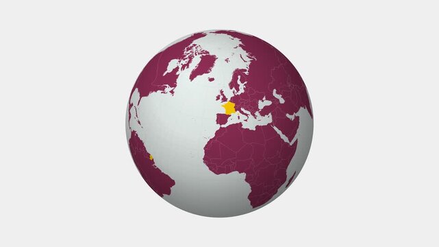France map. Animated zoom into the country on the Globe in Pale Mint Dark Pink color palette. Country logo animation with round text and airplanes. Map with meridians, parallels. Artistic video.