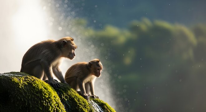 Two wild macaques observe their vibrant, misty jungle surroundings from a wet, mossy rock