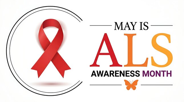 May is ALS awareness month red ribbon symbol inside circle text message with butterfly graphic isolated on white background.