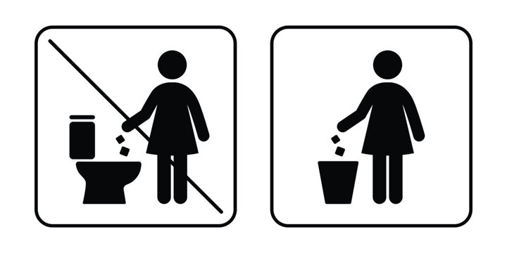 Set of restroom rules icons showing correct and incorrect waste disposal. Includes prohibited flushing symbol and proper trash bin usage pictogram. Ideal for public toilets, hotels, restaurants, offic