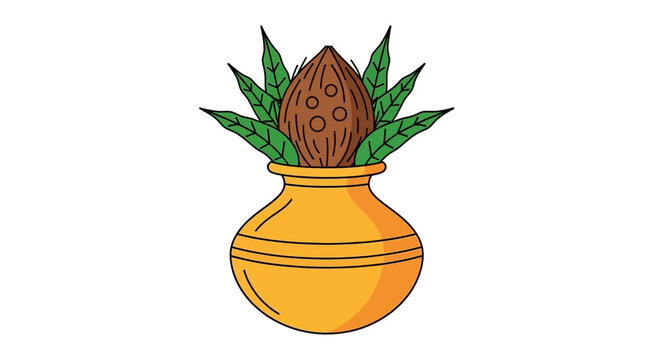 Traditional Hindu Kalash with Coconut and Mango Leaves Illustration.