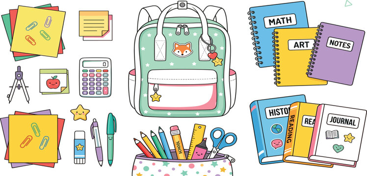 Cute back to school supplies set with backpack notebooks pencils and stationery items for students education and learning projects in a flat cartoon style.