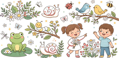Cute children playing in a spring garden with happy frog snail birds butterfly and floral elements for nursery decor and greeting card design. © MST HASMOTARA