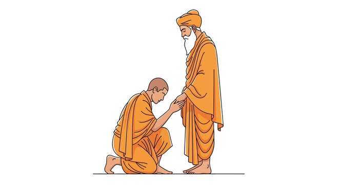 Illustration of a disciple touching the feet of a guru in traditional saffron robes as a sign of respect.