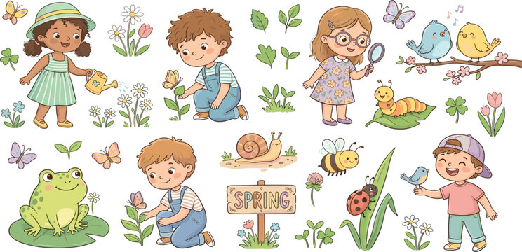 Cute children exploring nature in a spring garden with happy animals birds butterflies and colorful flowers for nursery education and seasonal children's celebration designs.