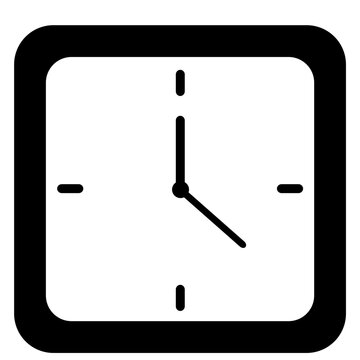 Square black wall clock with white face, modern time display, minimalist decor, vector illustration icon.