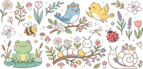 Cute spring animal collection with cartoon birds frog snail caterpillar and bee for children nursery and educational design. © MST HASMOTARA