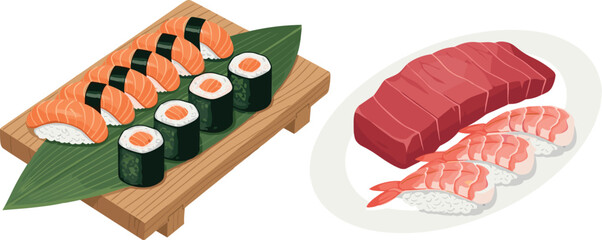 Fresh Japanese Sushi and Sashimi Platter with Salmon Tuna and Shrimp on Wooden Board Vector Illustration Set © MstBizly