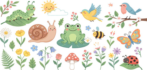 Cute spring garden animals and floral elements set with happy frog caterpillar snail birds bee butterfly ladybug and flowers for children's des © MST HASMOTARA