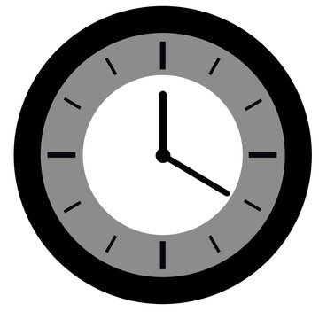 Black round wall clock with white face, modern time indicator, vector illustration icon design.