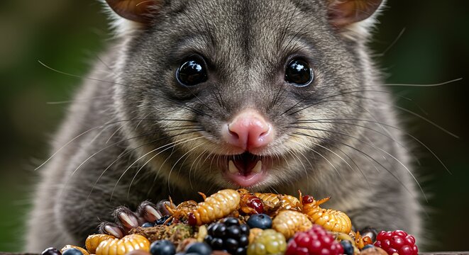 Wide-Eyed Possum Feast - Close-Up of a Cute Australian Marsupial Enjoying Berries and Insects.