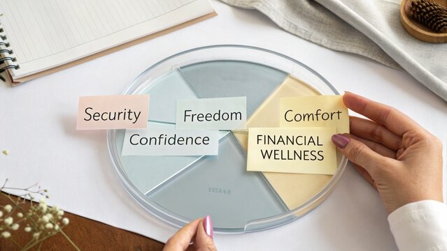 Concept of Financial Wellness with Keywords Representing Security, Freedom, Comfort, and Confidence on a Stylish Wheel