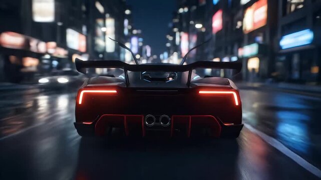 Futuristic Supercar Racing Through Neon City Streets At Night With Cyberpunk Style Motion Action