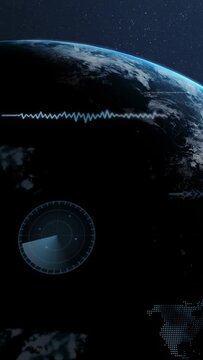 Vertical video: Waveform fading in, camera panning, zooming Earth while radar scanning orbital data