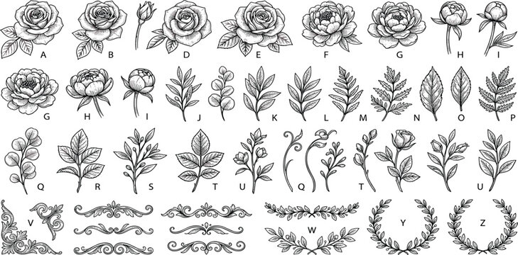 Elegant hand drawn vintage floral collection featuring roses peonies leaves and decorative ornaments in a classic woodcut etching style for wedding invitations and luxury branding.