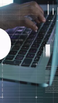 Vertical video: Hands typing on keys causing market charts morphing into bars and %, analyzing