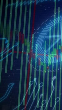 Vertical video: Green bars and candles moving as HUD ring emerging, neon lines showing market rise