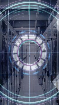 Vertical video: Server aisle receiving diagnostic scan for security, HUD rings rotating and fading