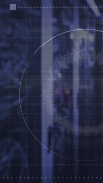 Vertical video: Tech HUD overlaying blurred scene, marker moving inward, sweeping arc starting scan