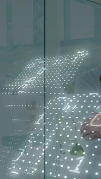 Vertical video: Medical doctor entering frame while grid shifting, overlaying stethoscope and data