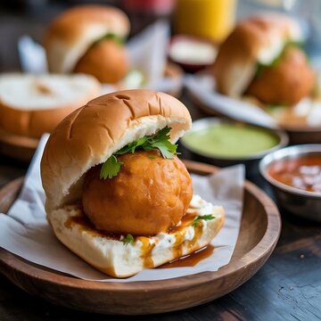 Mumbai style vada pav with crispy potato filling.