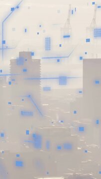 Vertical video: Blue overlaying towers in haze, second-frame squares mapping urban data