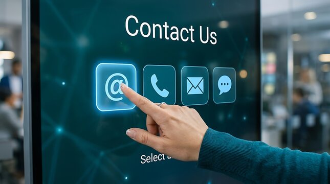 Person interacting with digital contact screen displaying icons in office