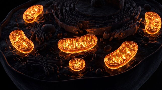 Glowing mitochondria inside human cell, bioluminescent 3D cross-section