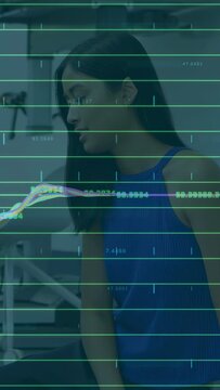 Vertical video: Peer speaking woman at office desk leaning reading docs while grid wave guiding eye