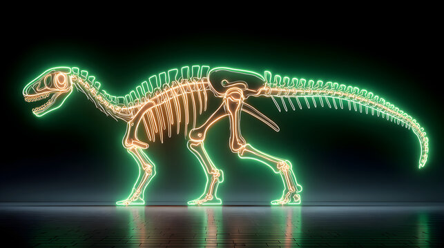 3D render of horse skeleton and dinosaur fossils with tyrannosaurus rex anatomy and wildlife museum bones scene