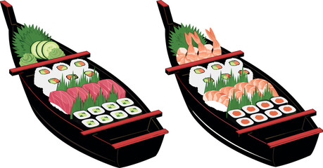 Japanese Sushi and Sashimi Platter Served on Traditional Wooden Boat Dish Asian Seafood Food Vector Illustration Set © MstBizly