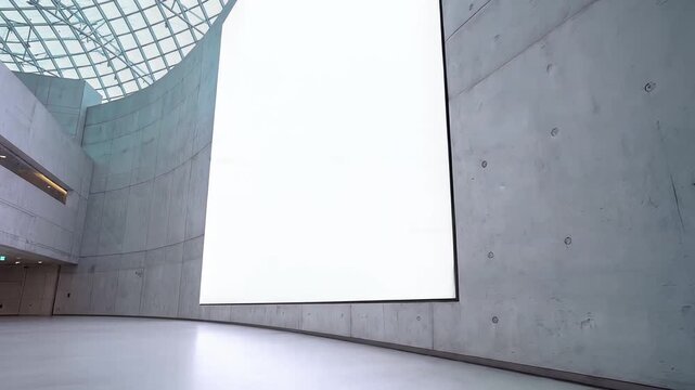 Large Blank White Billboard on Curved Concrete Wall in Modern Minimalist Hall with Glass Dome Ceiling