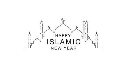 Naklejka premium Happy Islamic New Year greeting with mosque silhouette and crescent moon