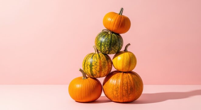 Stacked pumpkins and gourds on pink background orange