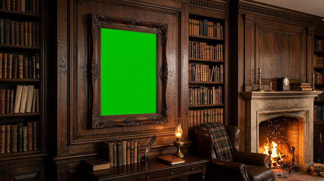 Vintage Library Interior with Green Screen Frame and Warm Fireplace in a Classic Wooden Study Room