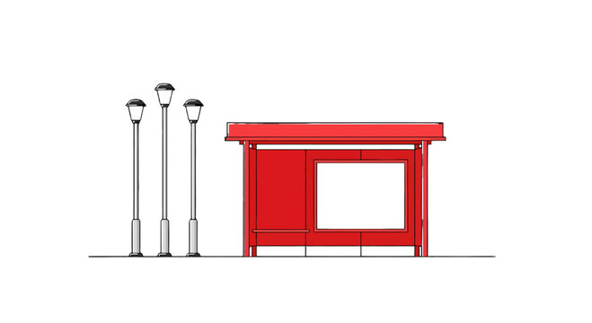 A red bus stop shelter with three street lamps next to it.