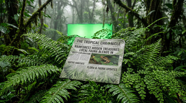 Lush Tropical Newspaper Titled The Tropical Chronicle Placed Among Dense Rainforest Ferns and Moss