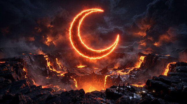 Surreal Glowing Fiery Crescent Moon Over Volcanic Landscape With Lava Flows And Dramatic Smoke Sky