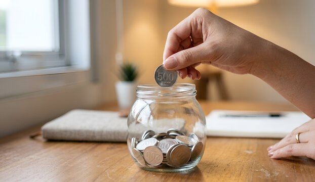 A woman's hand gently dropping a coin into a transparent glass jar, symbolizing mindful saving habits.