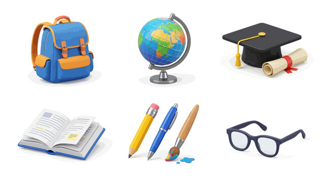 Vibrant flat design educational elements including backpack, globe, graduation cap, open book, colorful pencils, and glasses on clean white background for learning and academic success