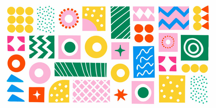 Colorful abstract pattern featuring overlapping geometric shapes and playful designs