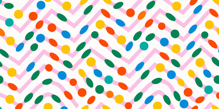 Colorful abstract pattern with scattered ovals and pink chevron stripes